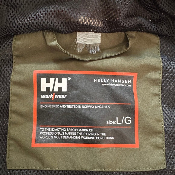 Helly Hansen Workwear Jacket Mens Large Olive Green Rain Coat Hooded Outdoors - Picture 3 of 9